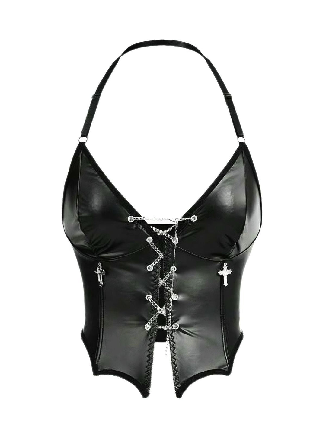 Black 1980s Gothic Cross Drawstring Chain Halter Corset - vintage fashion, retro style, classic black