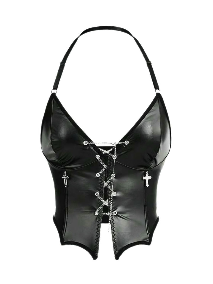 Black 1980s Gothic Cross Drawstring Chain Halter Corset - vintage fashion, retro style, classic black