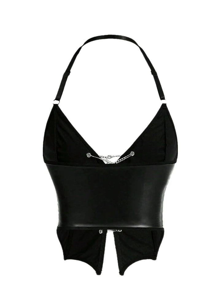 Black 1980s Gothic Cross Drawstring Chain Halter Corset - vintage fashion, retro style, classic black