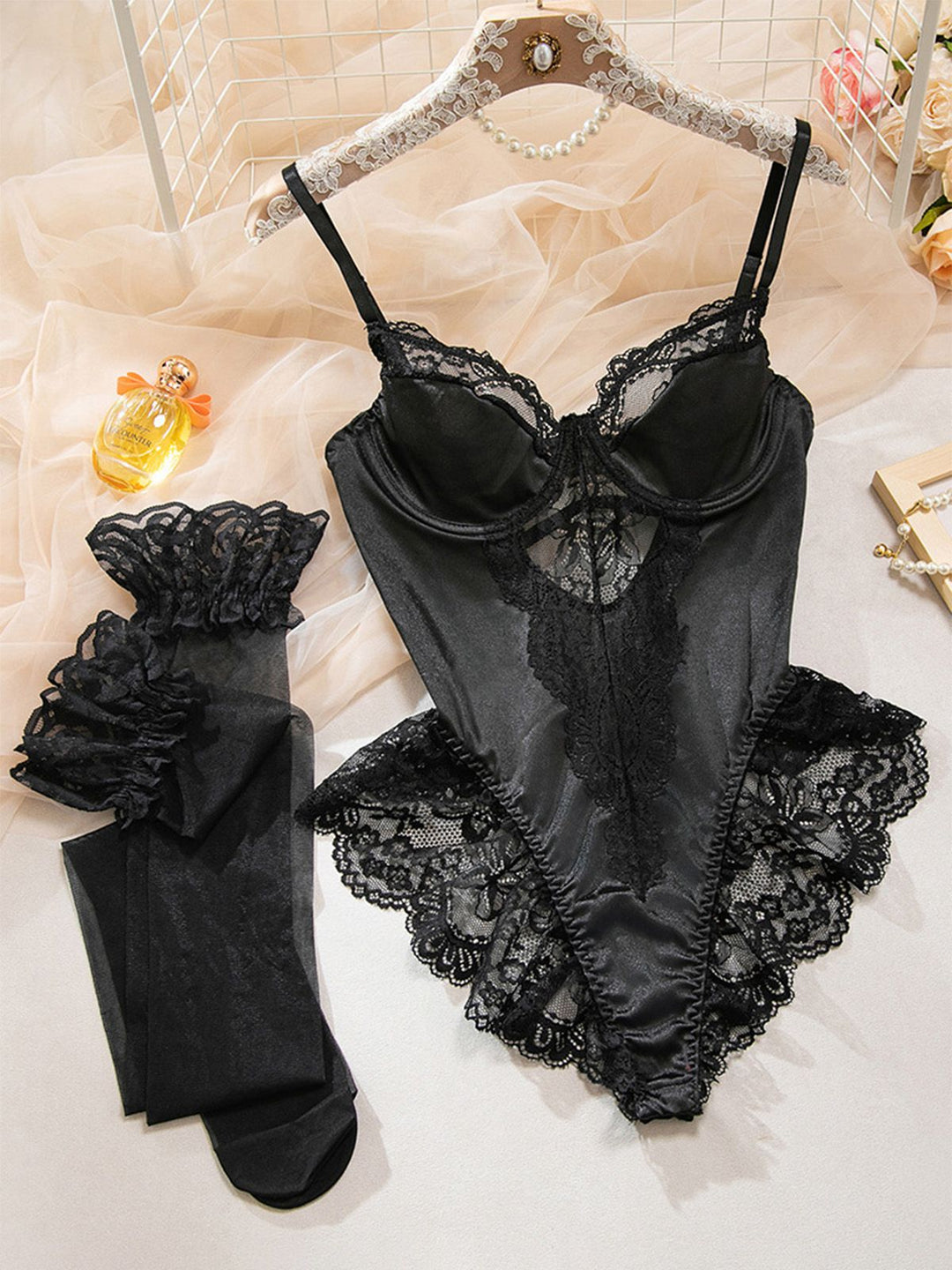 Black Slip Satin Lace Underwire Lingerie With Stockings - vintage fashion, retro style, classic black