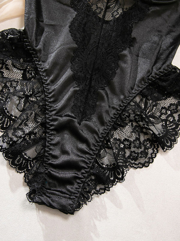 Black Slip Satin Lace Underwire Lingerie With Stockings - vintage fashion, retro style, classic black