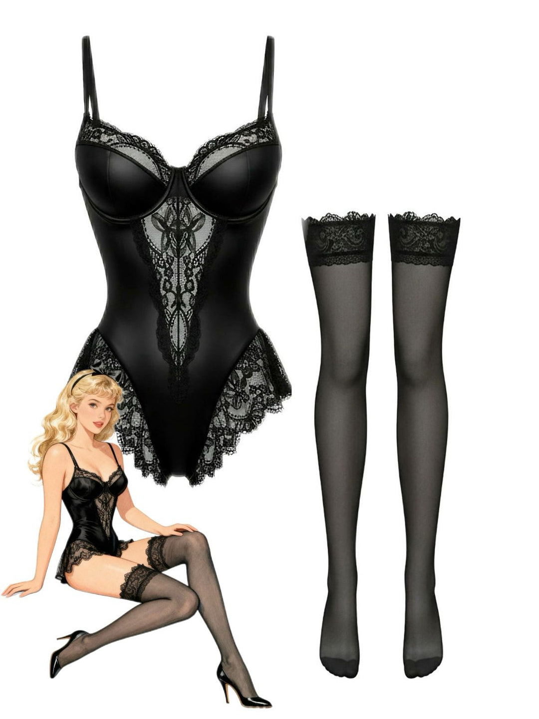 Black Slip Satin Lace Underwire Lingerie With Stockings - vintage fashion, retro style, classic black