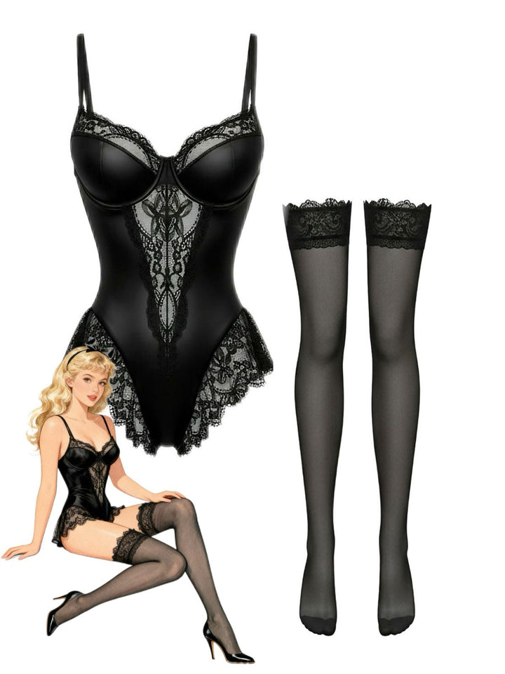 Black Slip Satin Lace Underwire Lingerie With Stockings - vintage fashion, retro style, classic black