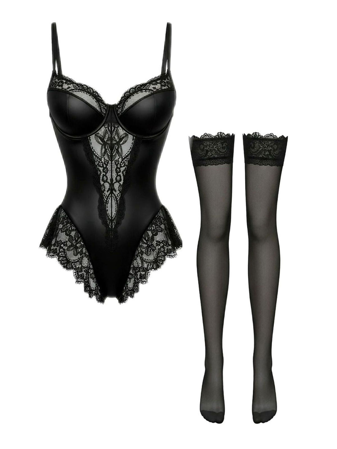 Black 1980s Slip Satin Lace Underwire Lingerie With Stockings - vintage fashion, retro style, classic black