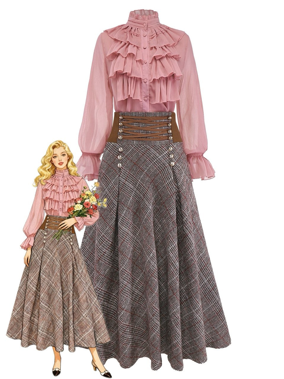 2PCS 1980s Chiffon Ruffled High-Neck Blouse &amp; Lace-Up Plaid Skirt - vintage skirt, style