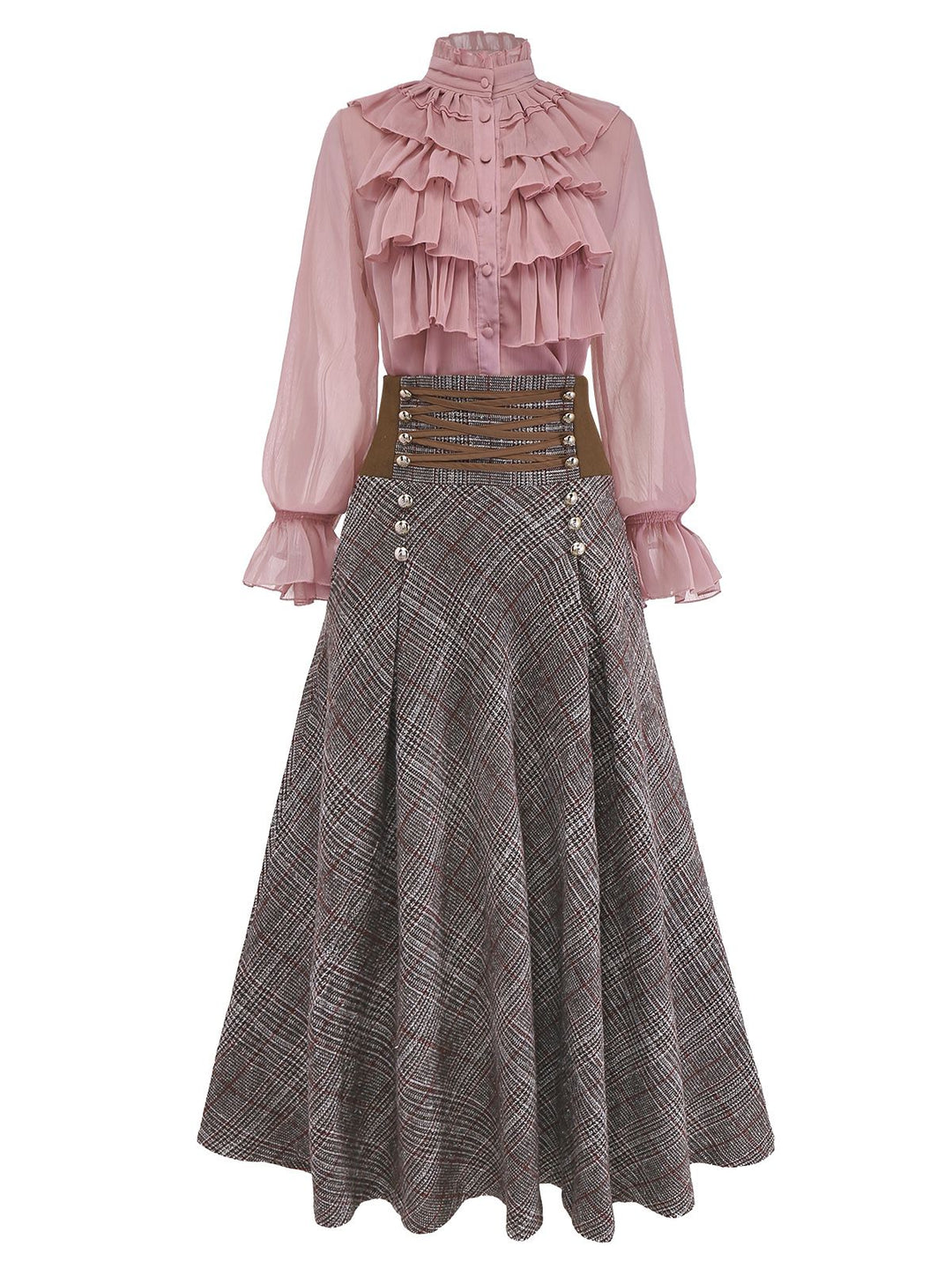 2PCS 1980s Chiffon Ruffled High-Neck Blouse &amp; Lace-Up Plaid Skirt - vintage skirt, style