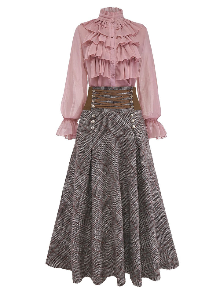 2PCS 1980s Chiffon Ruffled High-Neck Blouse &amp; Lace-Up Plaid Skirt - vintage skirt, style