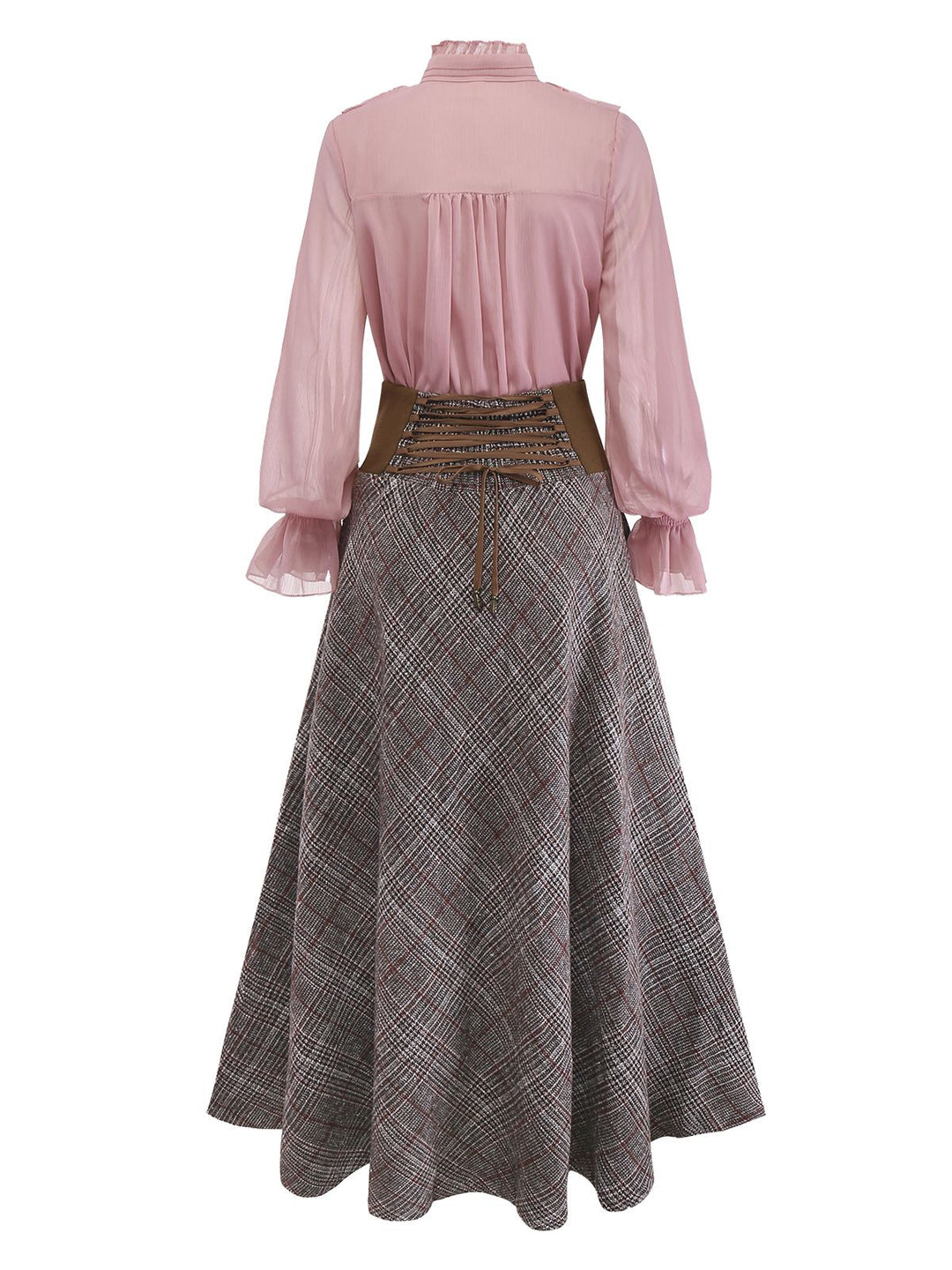 2PCS 1980s Chiffon Ruffled High-Neck Blouse &amp; Lace-Up Plaid Skirt - vintage skirt, style