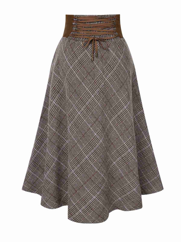 2PCS 1980s Chiffon Ruffled High-Neck Blouse &amp; Lace-Up Plaid Skirt - vintage skirt, style