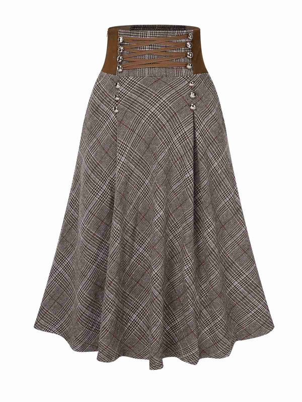 2PCS 1980s Chiffon Ruffled High-Neck Blouse &amp; Lace-Up Plaid Skirt - vintage skirt, style