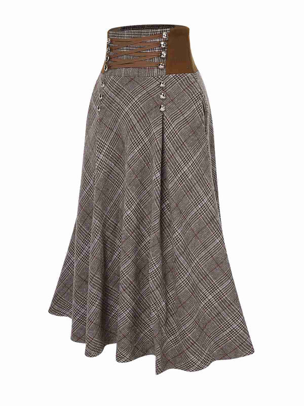 2PCS 1980s Chiffon Ruffled High-Neck Blouse &amp; Lace-Up Plaid Skirt - vintage skirt, style