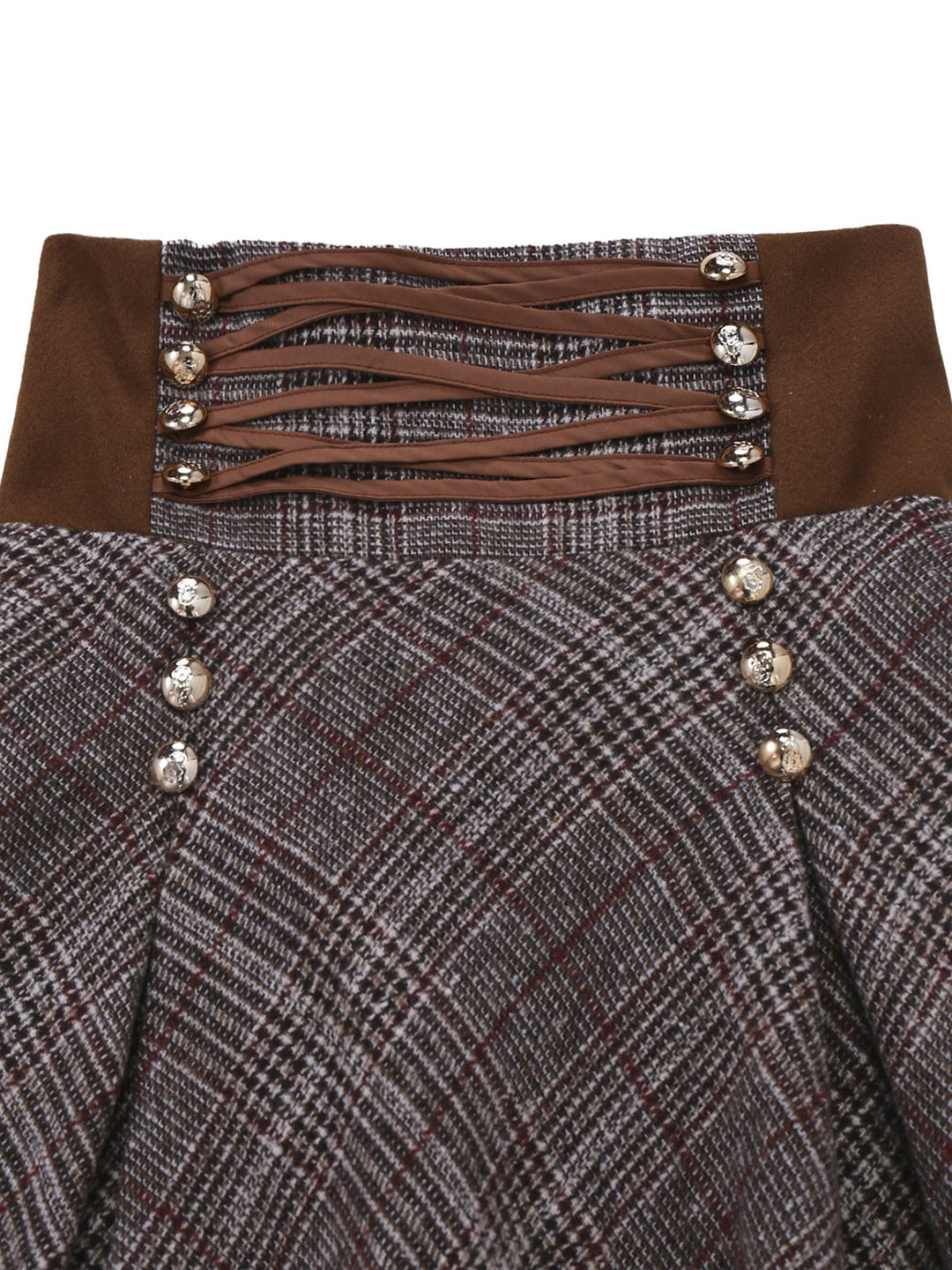 2PCS 1980s Chiffon Ruffled High-Neck Blouse &amp; Lace-Up Plaid Skirt - vintage skirt, style