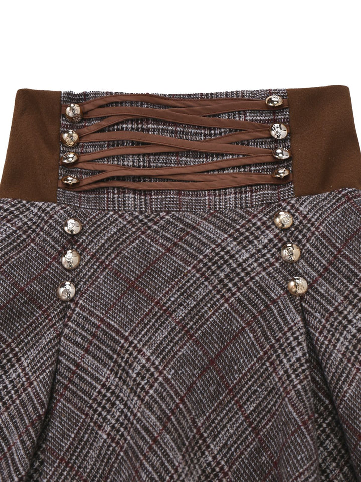 2PCS 1980s Chiffon Ruffled High-Neck Blouse &amp; Lace-Up Plaid Skirt - vintage skirt, style