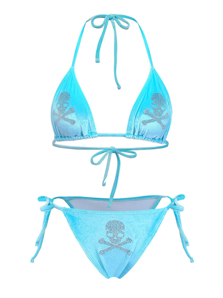 Blue 1980s Velvet Rhinestone Skull Print Bikini Set - vintage fashion, retro style