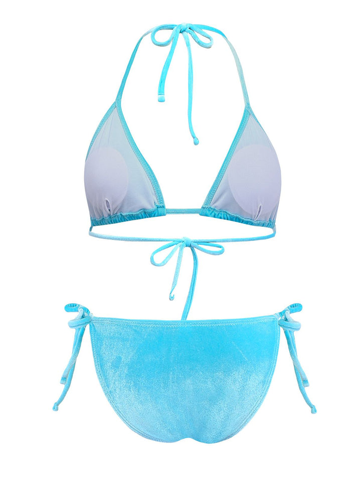 Blue 1980s Velvet Rhinestone Skull Print Bikini Set - vintage fashion, retro style