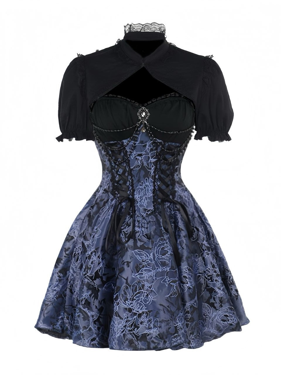 2PCS Black &amp; Blue 1980s Gothic Cape Cardigan &amp; Floral Embroidered Dress - vintage dress, retro fashion, classic black