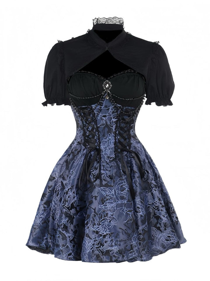 2PCS Black &amp; Blue 1980s Gothic Cape Cardigan &amp; Floral Embroidered Dress - vintage dress, retro fashion, classic black
