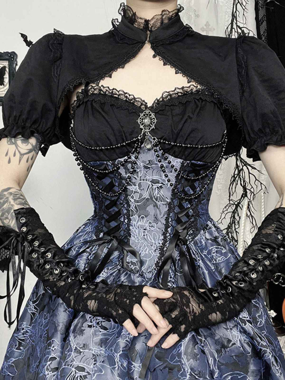 2PCS Black &amp; Blue 1980s Gothic Cape Cardigan &amp; Floral Embroidered Dress - vintage dress, retro fashion, classic black