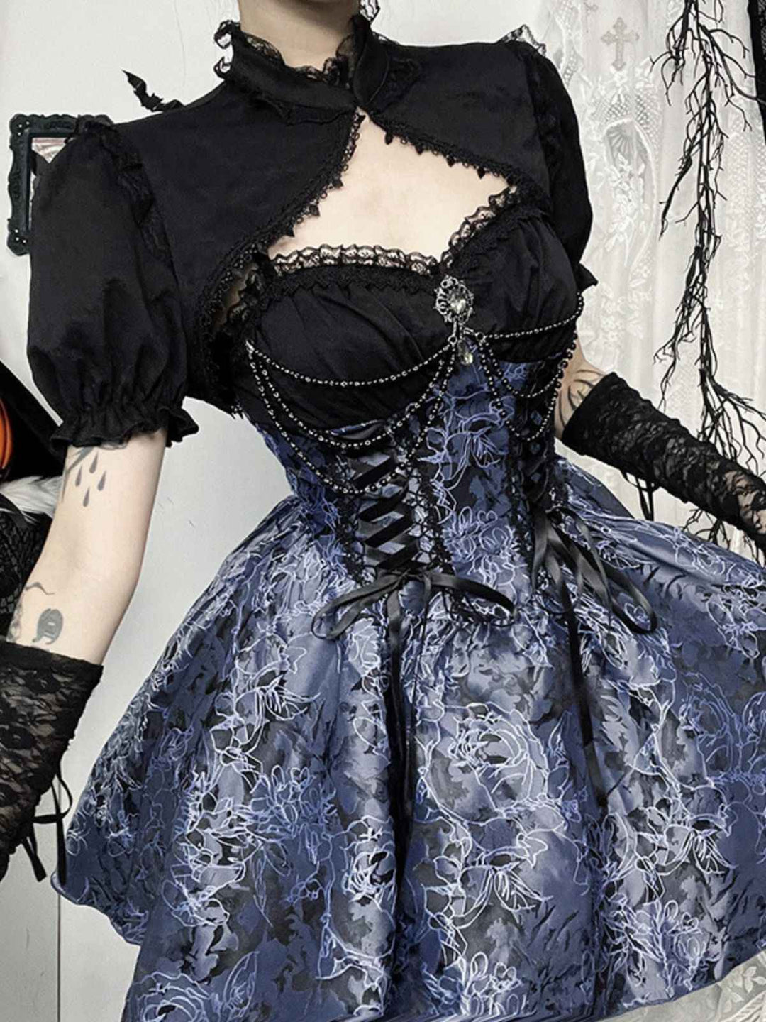 2PCS Black &amp; Blue 1980s Gothic Cape Cardigan &amp; Floral Embroidered Dress - vintage dress, retro fashion, classic black