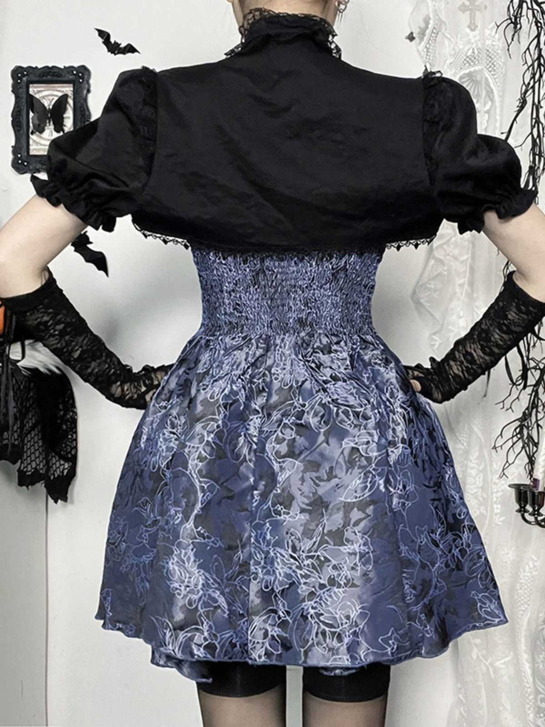 2PCS Black &amp; Blue 1980s Gothic Cape Cardigan &amp; Floral Embroidered Dress - vintage dress, retro fashion, classic black