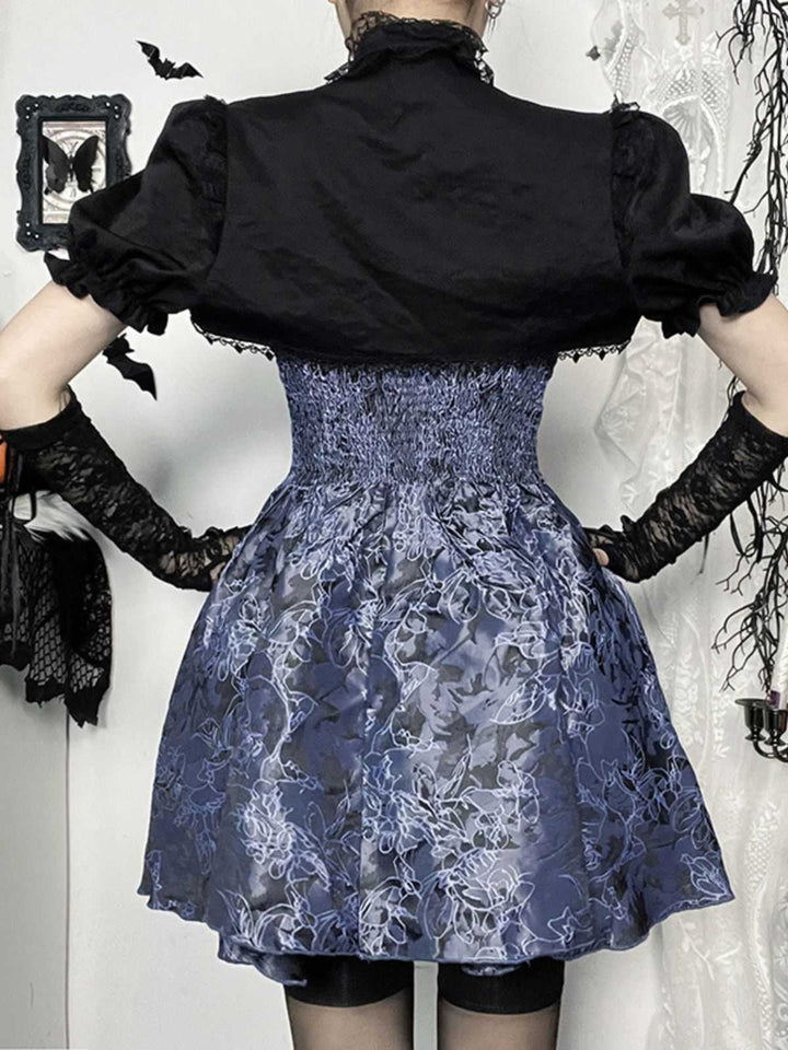 2PCS Black &amp; Blue 1980s Gothic Cape Cardigan &amp; Floral Embroidered Dress - vintage dress, retro fashion, classic black
