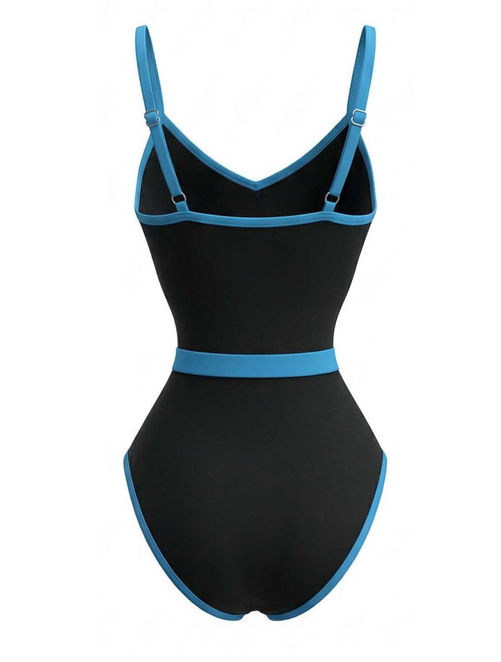 1980s Contrast Belted One-Piece Swimsuit: beautiful vintage swimwear, retro swimsuit, pin-up style with timeless appeal