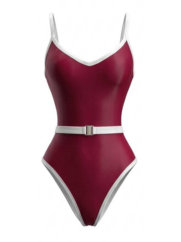 1980s Contrast Belted One-Piece Swimsuit: beautiful vintage swimwear, retro swimsuit, pin-up style with timeless appeal