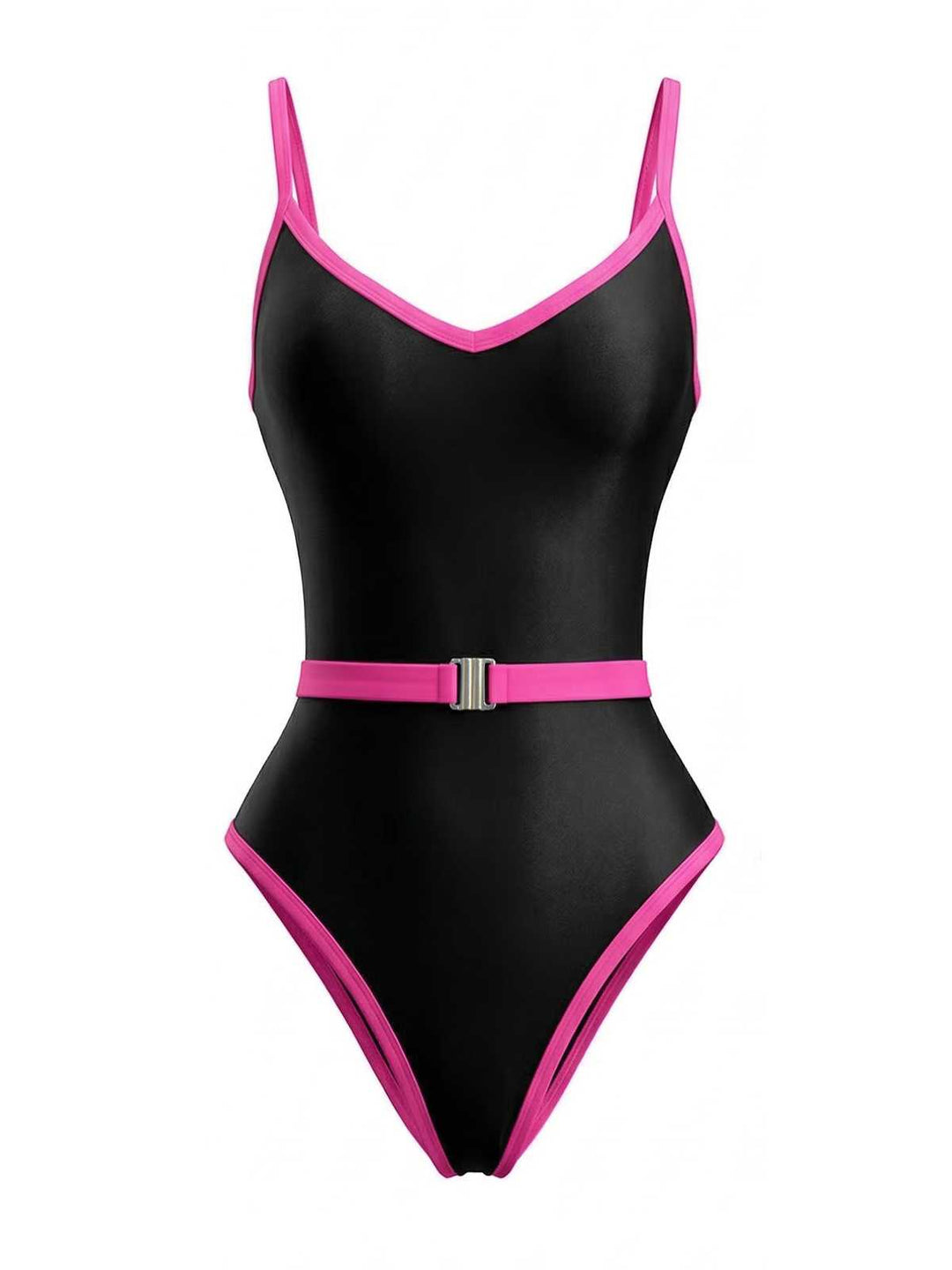 1980s Contrast Belted One-Piece Swimsuit: beautiful vintage swimwear, retro swimsuit, pin-up style with timeless appeal