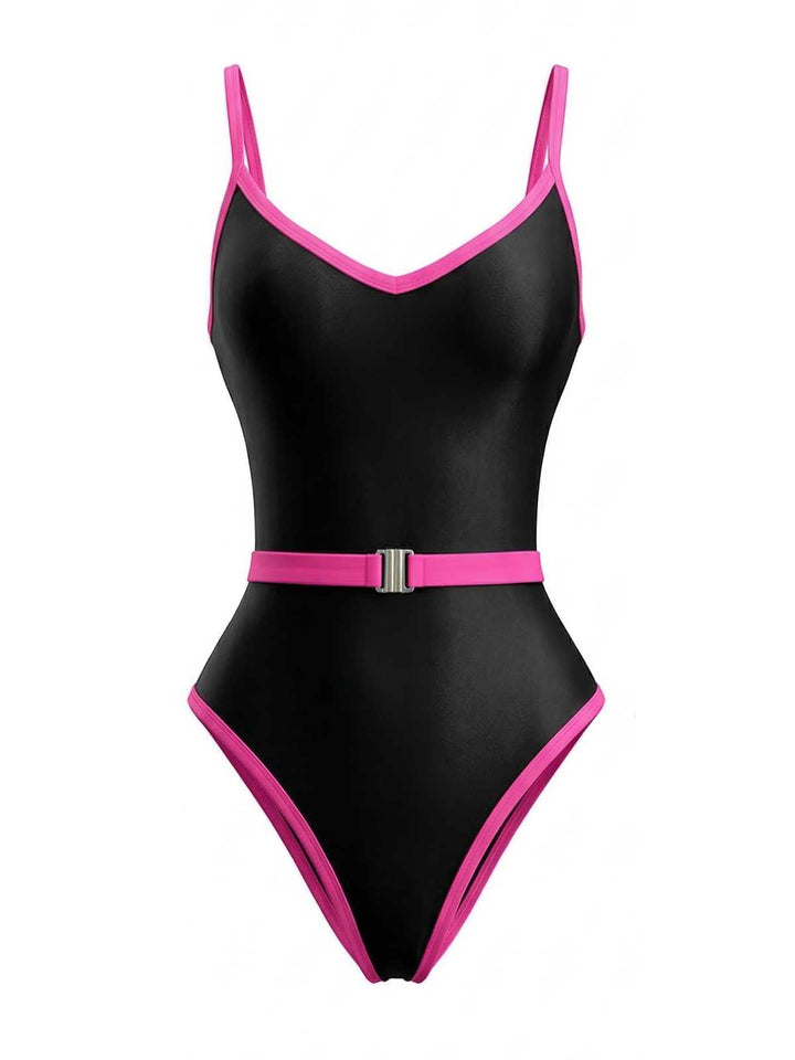 1980s Contrast Belted One-Piece Swimsuit: beautiful vintage swimwear, retro swimsuit, pin-up style with timeless appeal