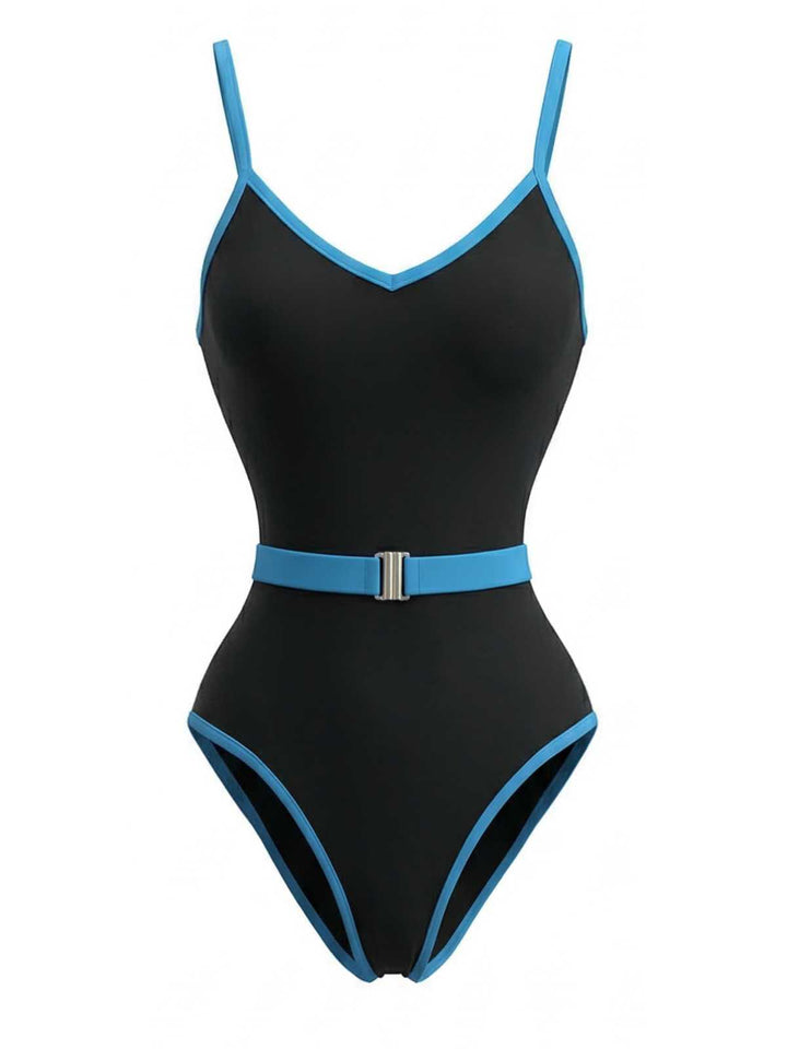 1980s Contrast Belted One-Piece Swimsuit | vintage swimwear, retro swimsuit, pin-up style - perfect for retro fashion enthusiasts