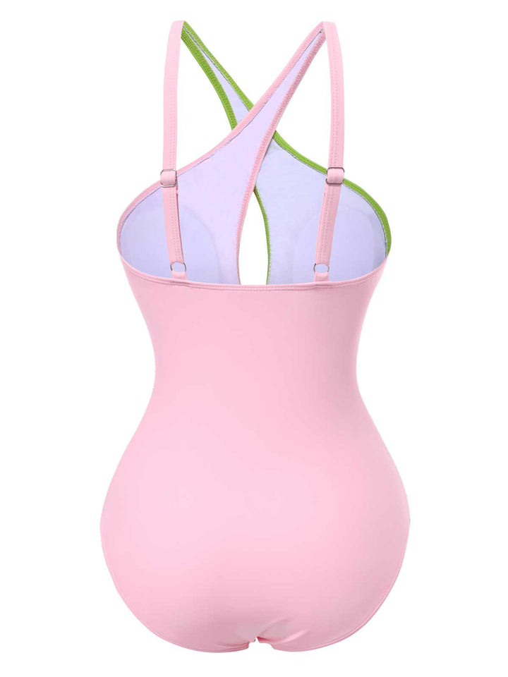 1980s Contrast Cross Strap Ring-Tie One-Piece Swimsuit: 1980s Riviera elegance, reimagined for her