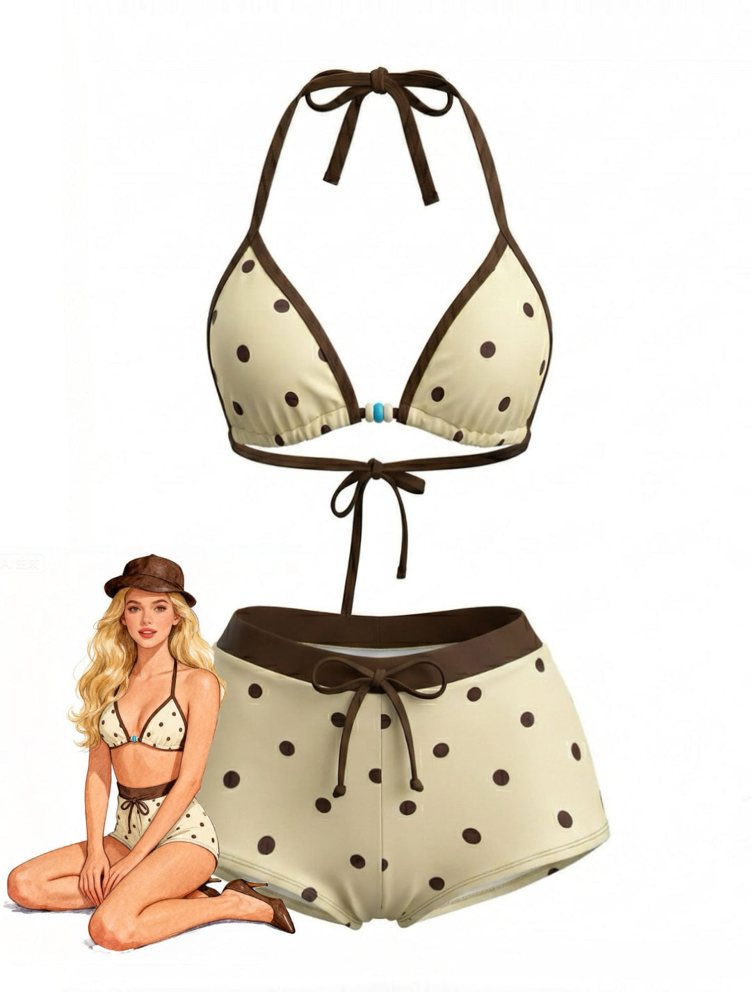 Cream Yellow 1980s Polka Dot Halter Bikini Top &amp; Shorts - vintage fashion, retro style