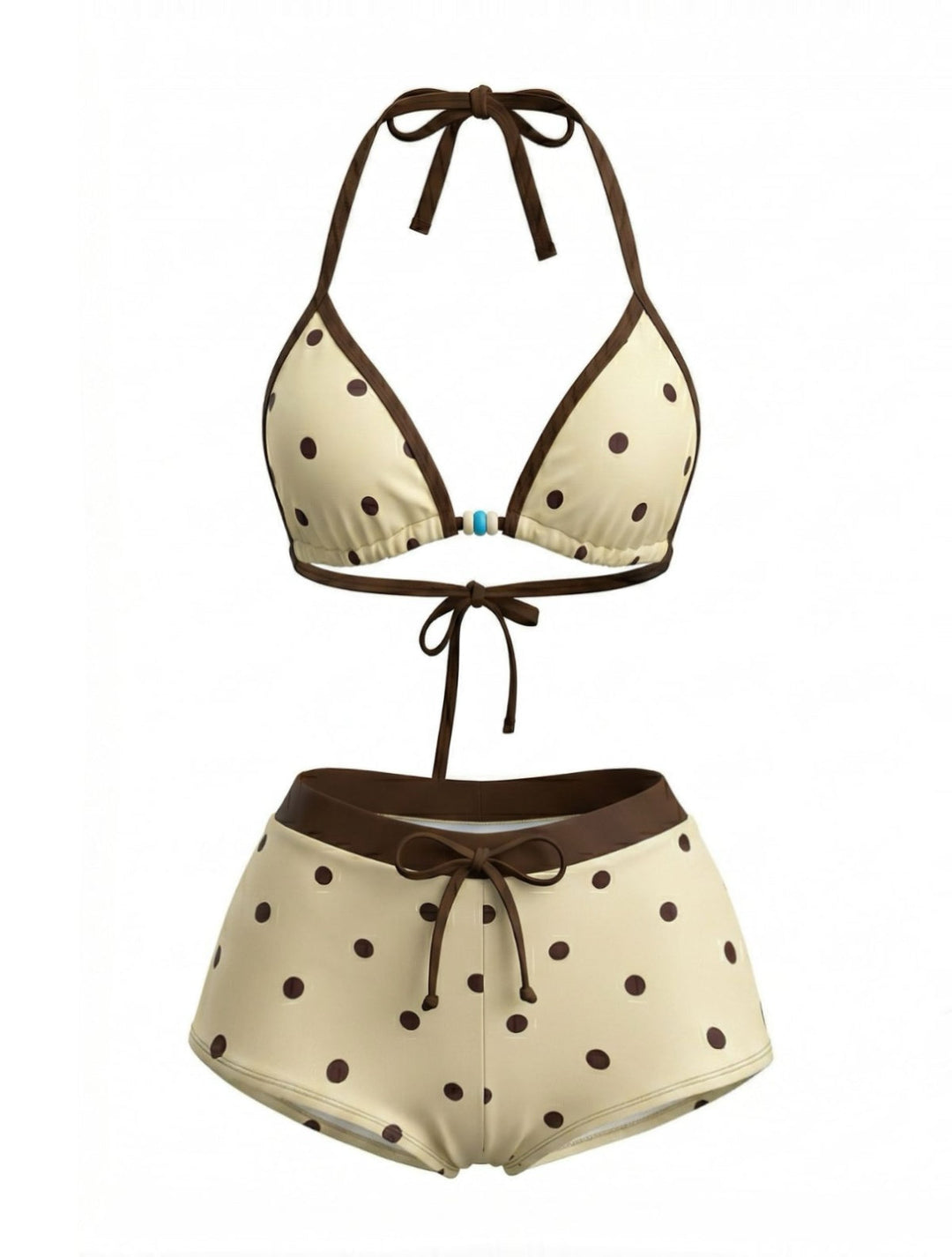 Cream Yellow 1980s Polka Dot Halter Bikini Top &amp; Shorts - vintage fashion, retro style