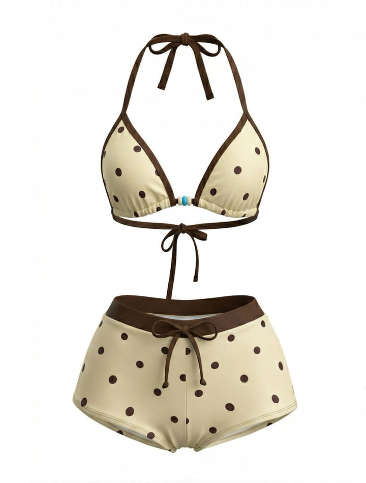 Cream Yellow 1980s Polka Dot Halter Bikini Top &amp; Shorts - vintage fashion, retro style