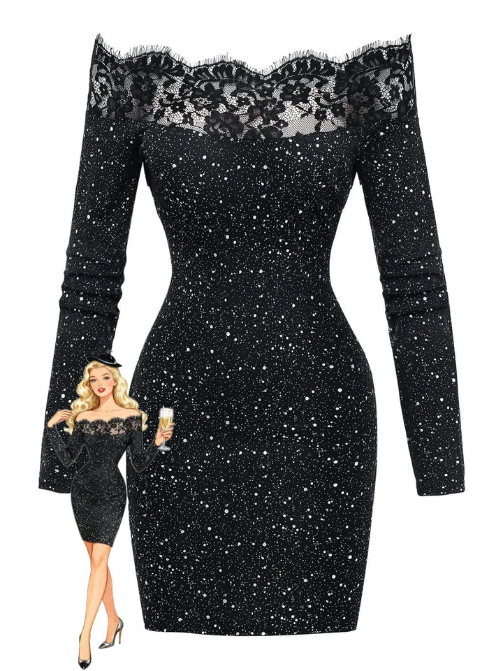 Black 1980s Lace Off-Shoulder Metallic Silver Splash Bodycon Dress - vintage dress, retro fashion, classic black