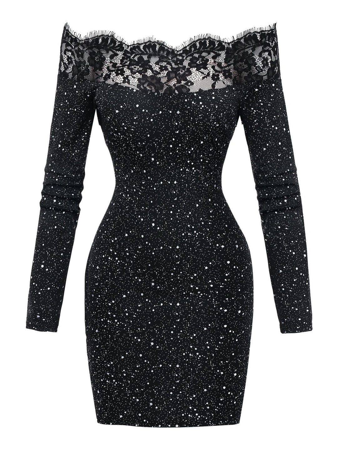 Black 1980s Lace Off-Shoulder Metallic Silver Splash Bodycon Dress - vintage dress, retro fashion, classic black