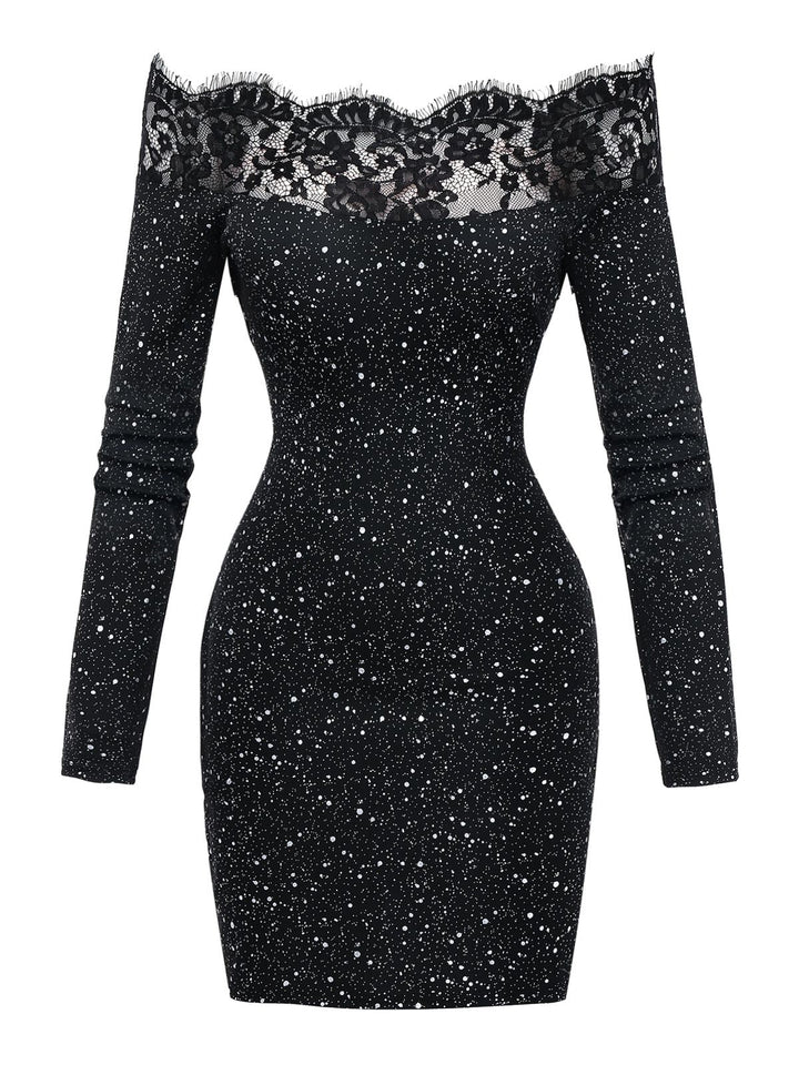 Black 1980s Lace Off-Shoulder Metallic Silver Splash Bodycon Dress - vintage dress, retro fashion, classic black