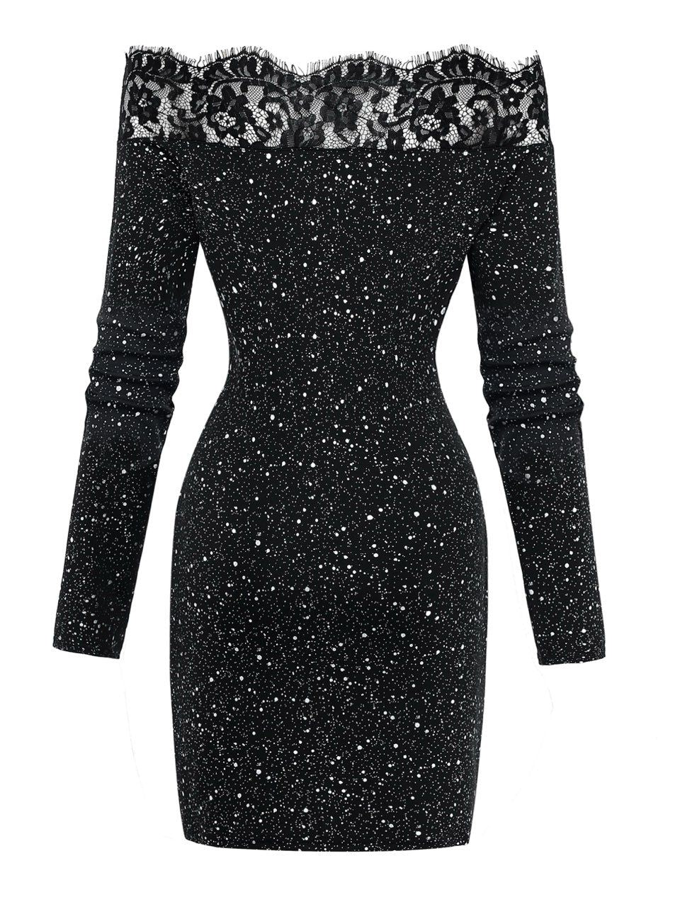 Black 1980s Lace Off-Shoulder Metallic Silver Splash Bodycon Dress - vintage dress, retro fashion, classic black