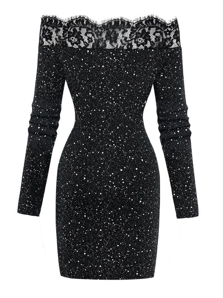 Black 1980s Lace Off-Shoulder Metallic Silver Splash Bodycon Dress - vintage dress, retro fashion, classic black