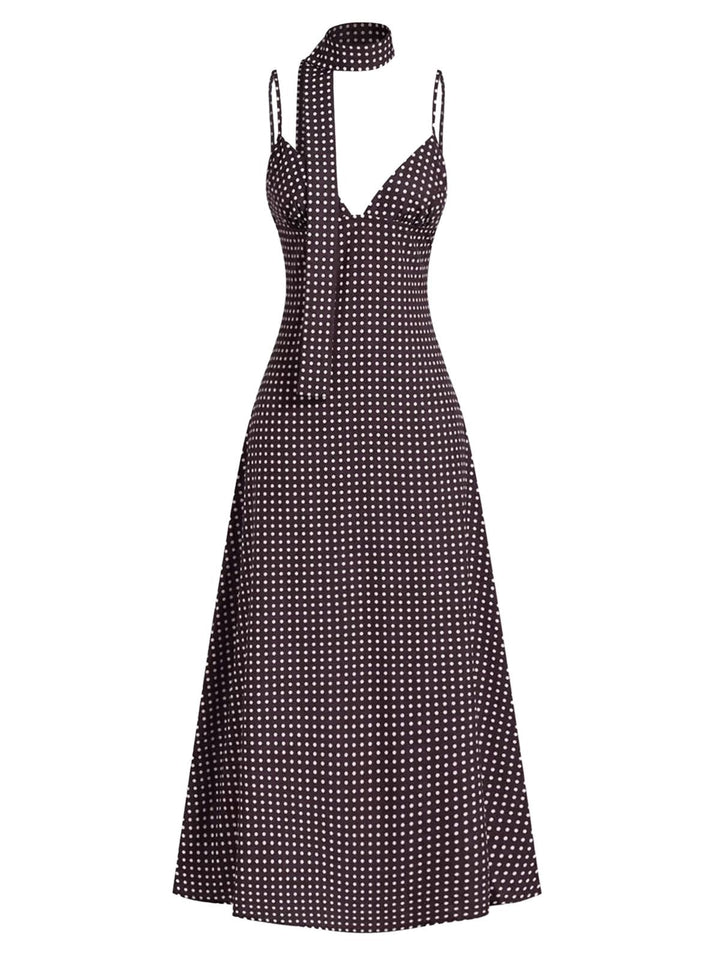 Brown 1980s V-Neck Polka Dot Tie Spaghetti Strap Dress - vintage dress, retro fashion