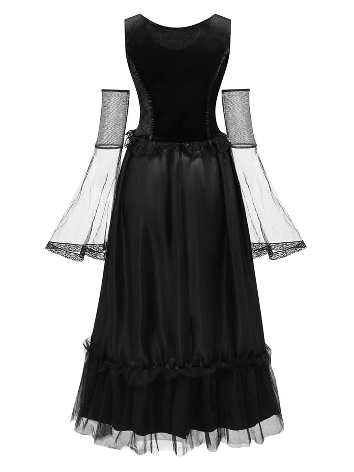 Black 1980s Halloween Mesh Patchwork Dress With Cape - vintage dress, retro fashion, classic black