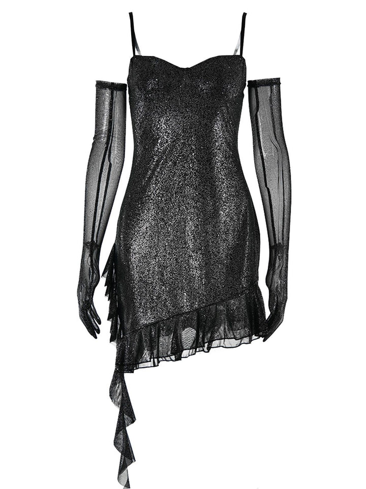 1980s Glitter Ruffled Spaghetti Strap Bodycon Dress - vintage dress, retro fashion
