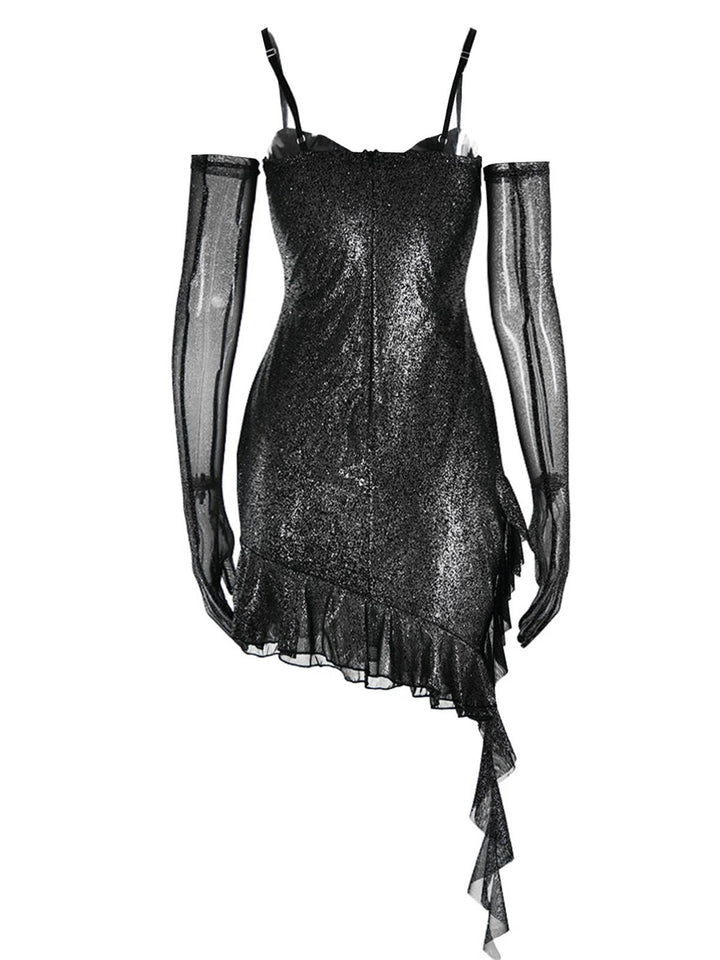 1980s Glitter Ruffled Spaghetti Strap Bodycon Dress - vintage dress, retro fashion
