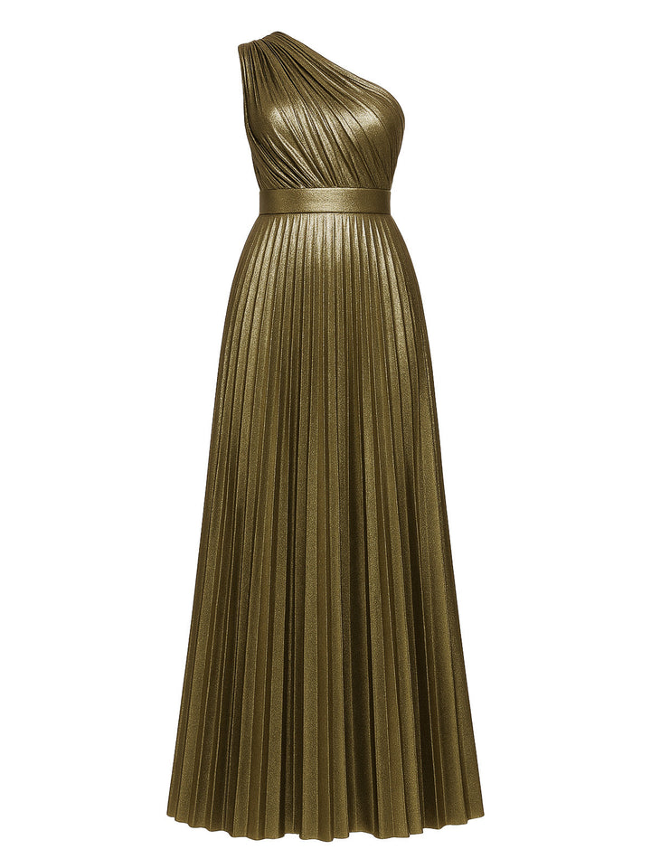 Gold 1980s Metallic One-Shoulder Pleated Party Dress - vintage dress, retro fashion, glamorous gold