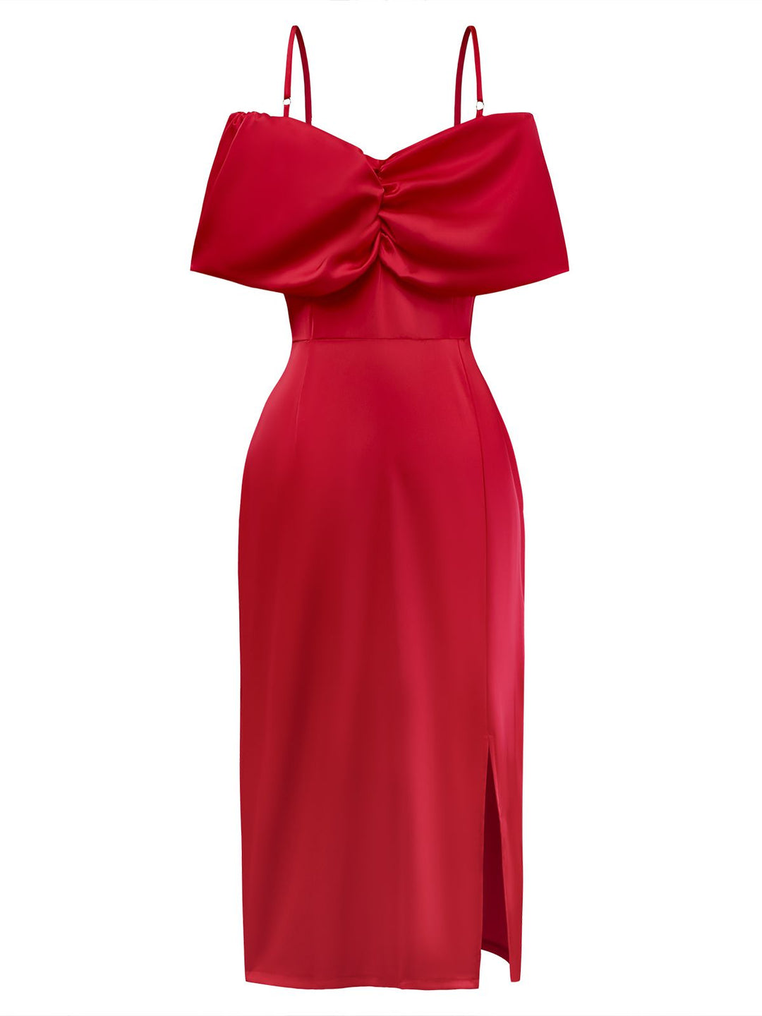 Red 1980s Bow Off-Shoulder Satin Side Slit Midi Dress - vintage dress, retro fashion, elegant red