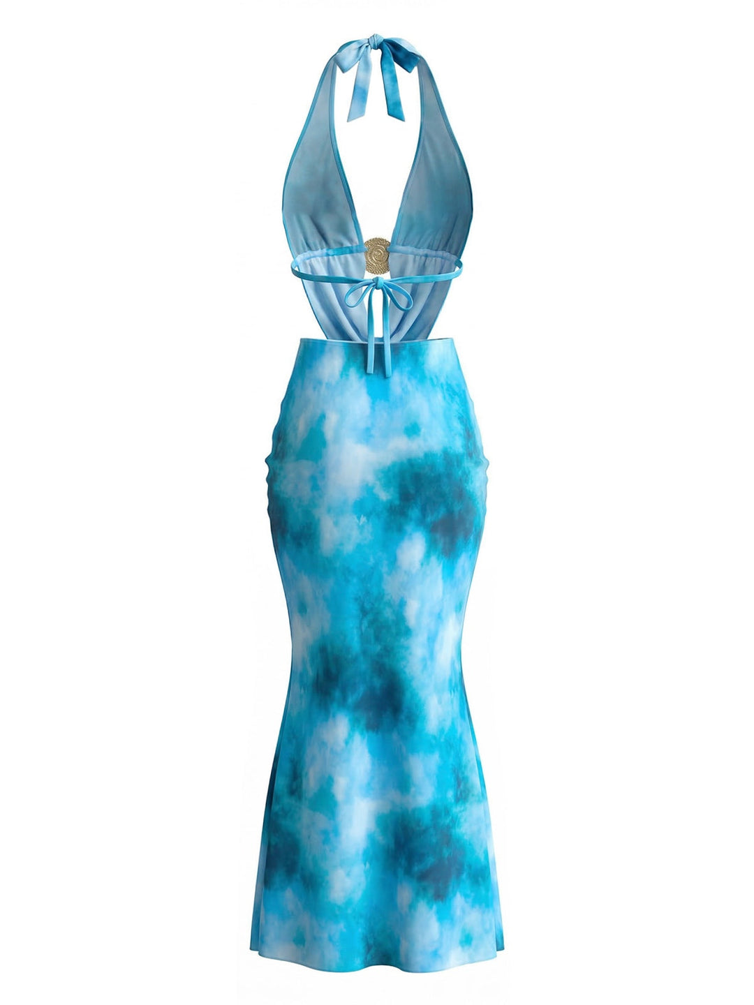 Sky Blue 1980s Tie-Dye Halter Cutout Backless Maxi Cover-Up Dress - vintage dress, retro fashion