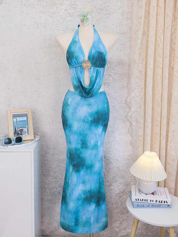 Sky Blue 1980s Tie-Dye Halter Cutout Backless Maxi Cover-Up Dress - vintage dress, retro fashion