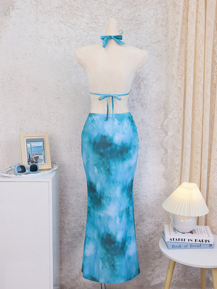 Sky Blue 1980s Tie-Dye Halter Cutout Backless Maxi Cover-Up Dress - vintage dress, retro fashion