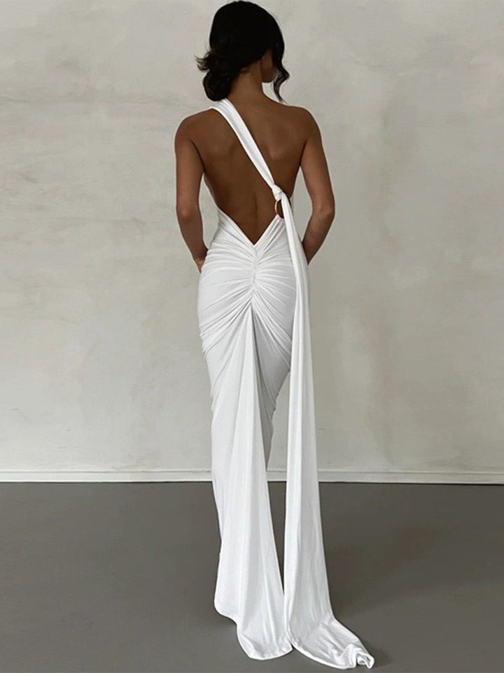 1980s Solid One-Shoulder Evening Backless Dress with Train - vintage dress, retro fashion