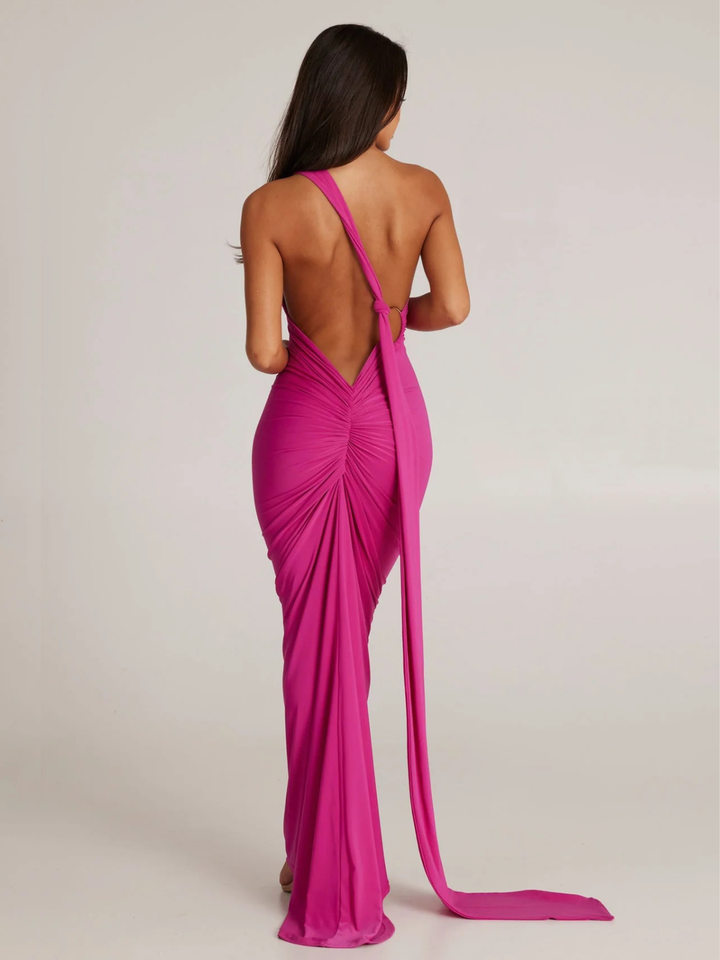 1980s Solid One-Shoulder Evening Backless Dress with Train - vintage dress, retro fashion